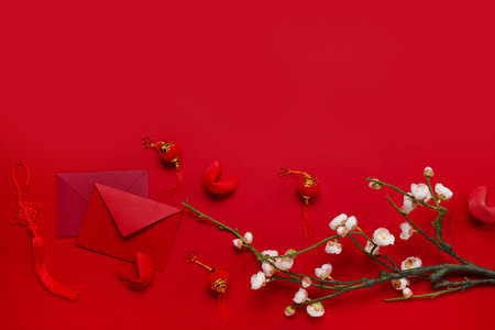 Composition with envelopes, fortune cookies and Chinese symbols on red background. New Year celebrationの写真素材