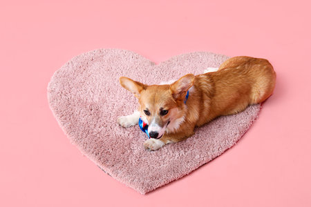 Cute Corgi dog with colorful bow lying on heart shaped rug against pink backgroundの写真素材