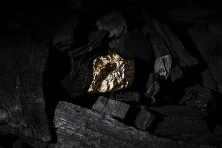 Golden nugget on black charcoalの写真素材