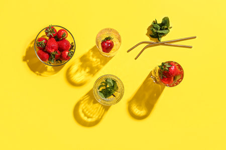 Glasses of fresh lemonade with strawberry and mint on yellow backgroundの写真素材
