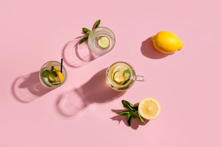 Glasses and jug of lemonade with cucumber on pink backgroundの写真素材