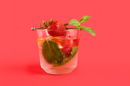 Glass of fresh lemonade with strawberry and lemon on red backgroundの写真素材