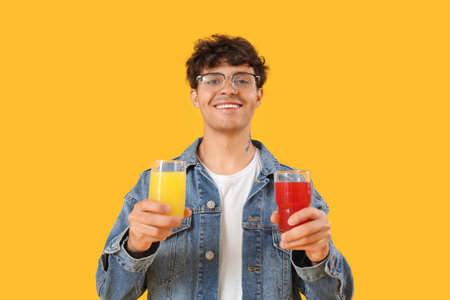 Young man with glasses of juice on yellow backgroundの写真素材