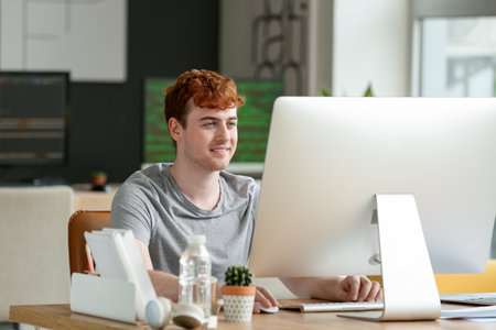 Male programmer working with computer at table in officeの写真素材