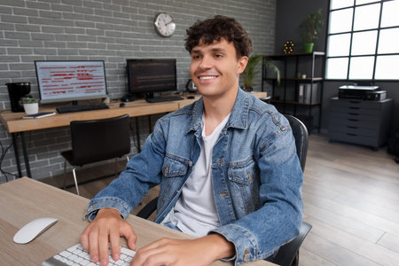Male programmer working with computer at table in office