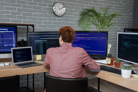 Male programmer working with computer at table in office, back view