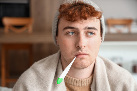 Ill young man measuring temperature with thermometer at home, closeup