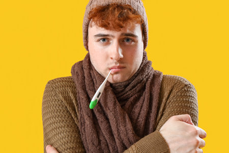 Ill young man measuring temperature with thermometer on yellow background, closeupの写真素材