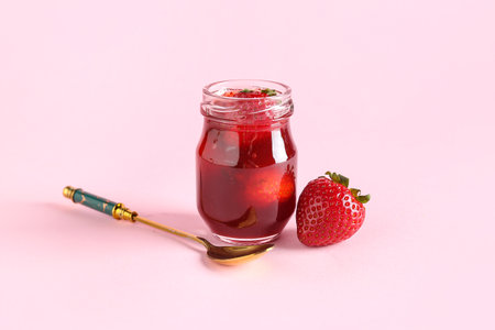 Jar of sweet strawberry jam on pink backgroundの写真素材