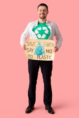 Young man in t-shirt with recycling sign holding poster with text SAVE EARTH SAY NO TO PLASTIC on pink background. Ecology conceptの写真素材