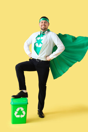 Young man dressed as eco superhero with garbage bin on yellow background. Ecology conceptの写真素材