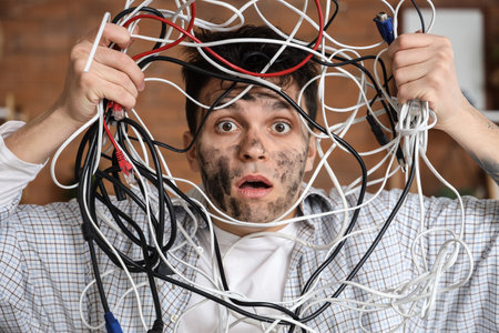 Electrocuted young man with burnt face and wires at home, closeup
