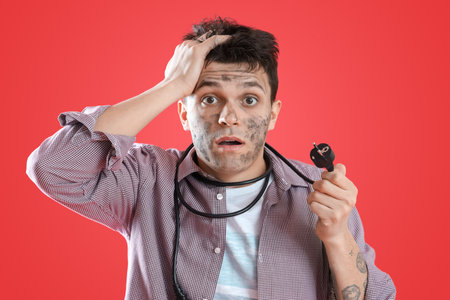 Electrocuted young man with burnt face and plug around his neck on red background, closeupの写真素材
