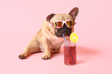 Cute French bulldog with sunglasses and glass of cocktail on pink backgroundの写真素材