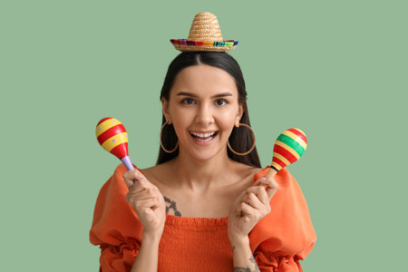 Beautiful young woman with mini sombrero hat and maracas on green background