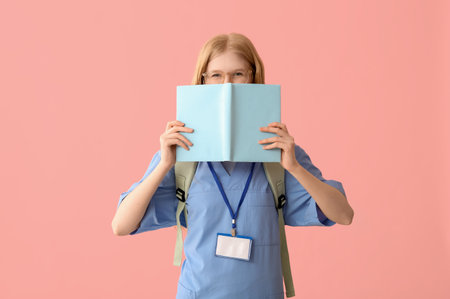 Female medical assistant with book on pink backgroundの写真素材