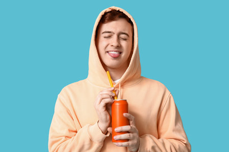 Young man with can of soda showing tongue on blue backgroundの写真素材