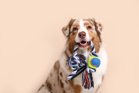 Cute Australian Shepherd dog with rope toy sitting near beige wallの写真素材