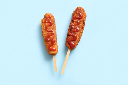 Tasty corn dogs with ketchup on blue background