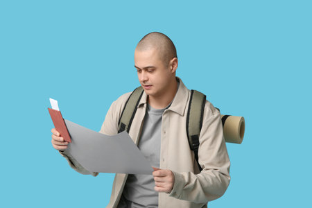 Young male tourist with map and backpack on blue backgroundの写真素材