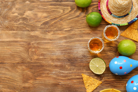 Shots of tequila with lime and maracas on wooden backgroundの写真素材