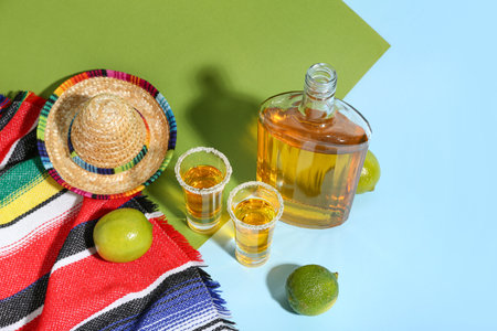 Bottle of tequila with shots and lime on color backgroundの写真素材