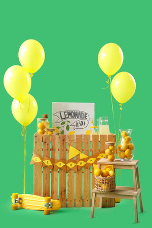 Lemonade stand with balloons and stool on green backgroundの写真素材