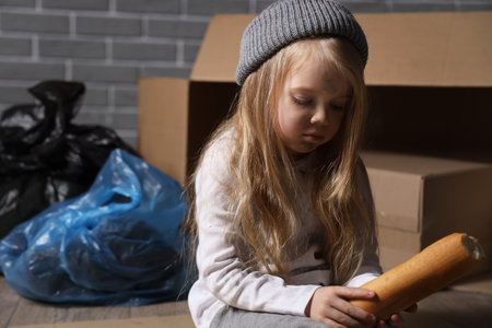 Homeless little girl eating bread near trash against gray brick wallの写真素材