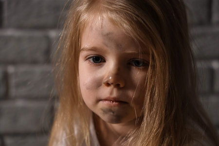 Homeless little girl near gray brick wall, closeupの写真素材