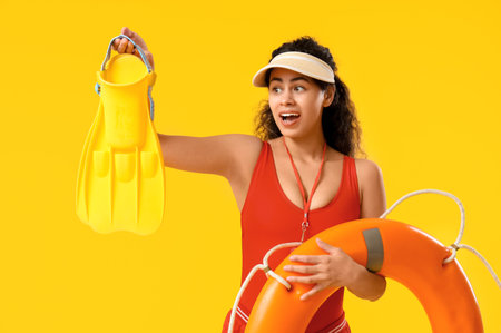 Beautiful young shocked African-American female lifeguard with ring buoy and flippers on yellow backgroundの写真素材