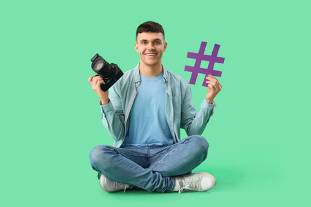 Handsome male photographer with photo camera and hashtag sign sitting on green backgroundの写真素材