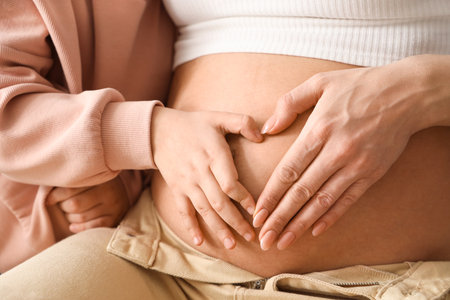 Young pregnant woman with her little daughter touching belly at home, closeupの写真素材