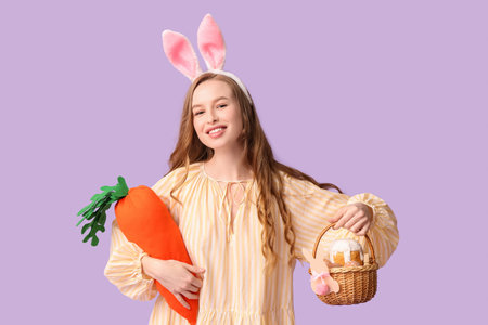 Happy young woman in bunny ears with basket for Easter and toy carrot on lilac backgroundの写真素材