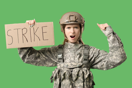 Protesting female soldier holding placard with text STRIKE on green backgroundの写真素材