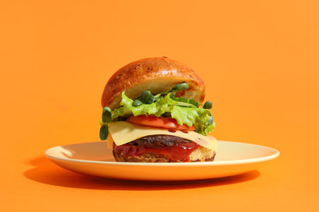 Plate with tasty burger on orange backgroundの写真素材