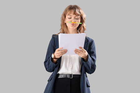 Funny young businesswoman with pen and documents on gray backgroundの写真素材