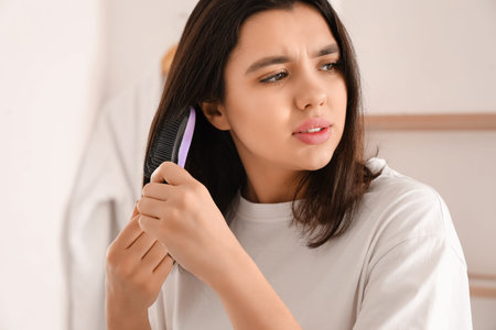 Stressed young woman combing hair in light bathroom