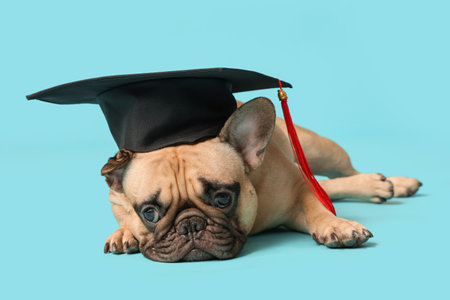 Cute French Bulldog in mortar board on blue backgroundの写真素材