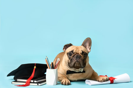 Cute French Bulldog with mortar board, diploma, books and stationery supplies on blue backgroundの写真素材