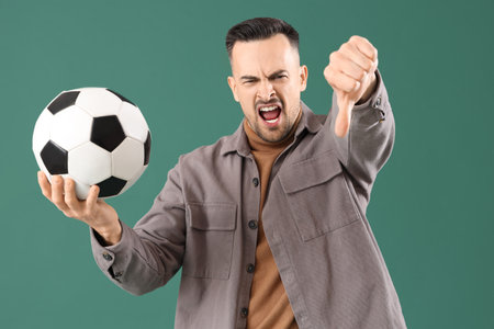 Angry young man with soccer ball showing thumb-down on green background. Accusation conceptの写真素材