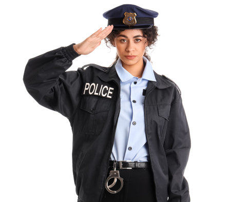 African-American female police officer saluting on white background