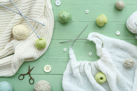 Knitted sweater, needles and yarn balls on green wooden background