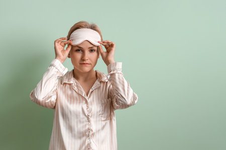 Young woman in pajamas and sleeping mask on green backgroundの写真素材