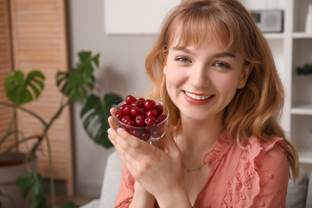 Beautiful happy young woman with bowl full of ripe cherries in living roomの写真素材