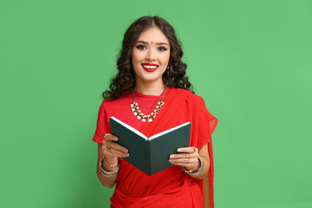 Beautiful young Indian woman in sari with book on green backgroundの写真素材