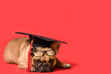Cute French Bulldog in mortar board and eyeglasses on red backgroundの写真素材