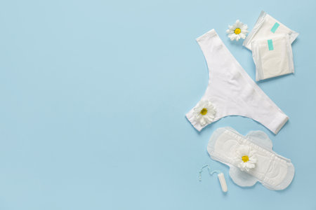 Menstrual pads with chrysanthemum flowers and underpants on blue backgroundの写真素材