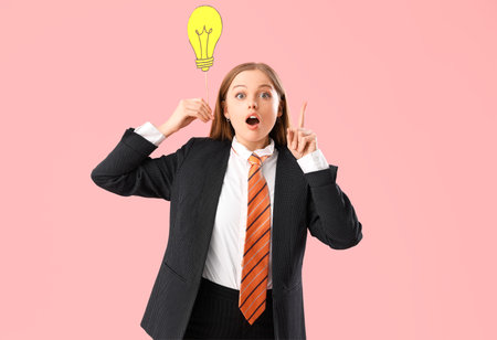Funny shocked businesswoman with paper light bulb as symbol of idea on pink backgroundの写真素材