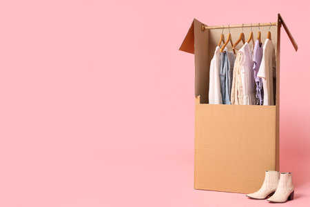 Wardrobe box with clothes on pink backgroundの写真素材