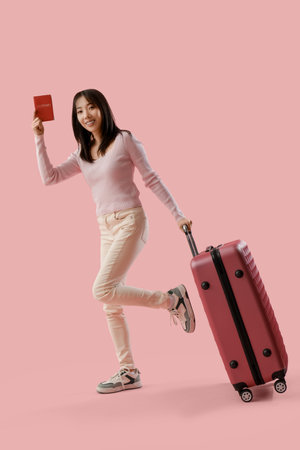 Young Asian woman with suitcase and passport on pink backgroundの写真素材